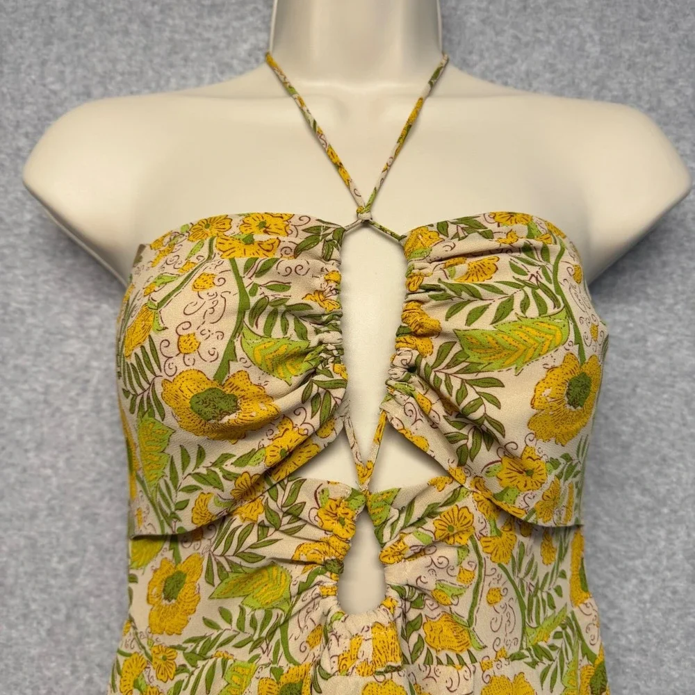 ASTR the Label Maxi Dress Womens XS Yellow Floral Halter Boho Tier Ruffle Flirty